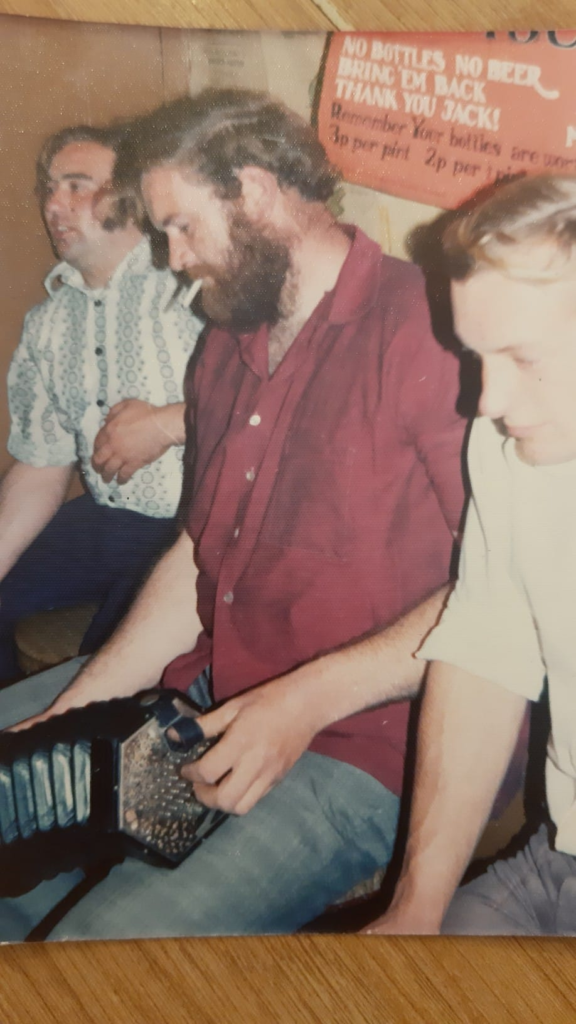 Photograph of Roger Middleditch with Stuart White and Mick Hollingsworth in The Jolly Sailor Pub, Orford, Suffolk, early 1970s